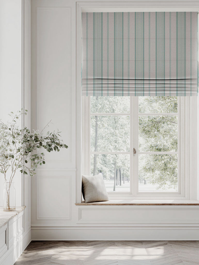 Blue Striped Roman blind - Freja Duckegg - Natural base fabric.