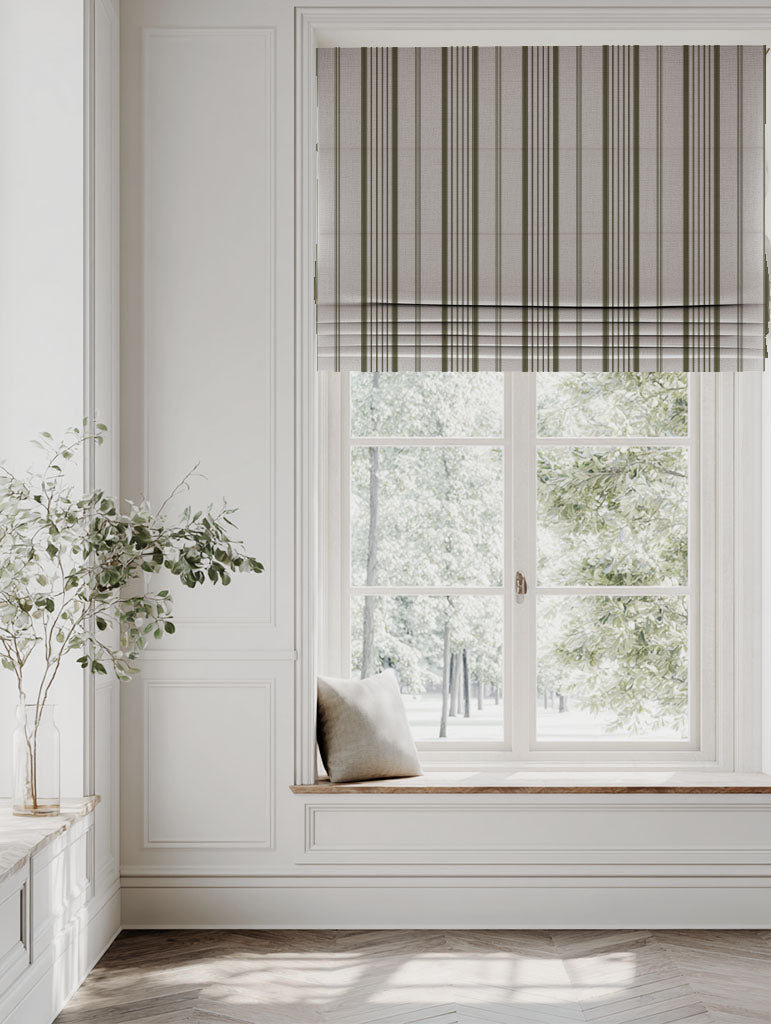 Green Striped Linen Roman blind - Freja Seaweed - Natural base fabric.