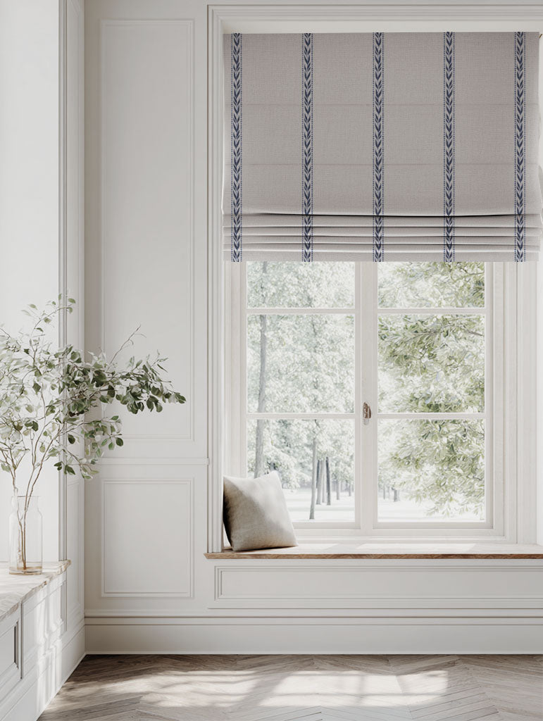 Blue Botanical Linen Roman blind - Helena-NAT Deep Blue - Natural base fabric.