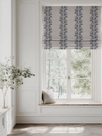 Blue Patterned Linen Roman blind - Hensley Deep Blue - Natural base fabric.