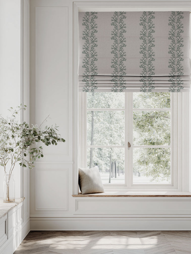 Green Patterned Linen Roman blind - Hensley Sage - Natural base fabric.