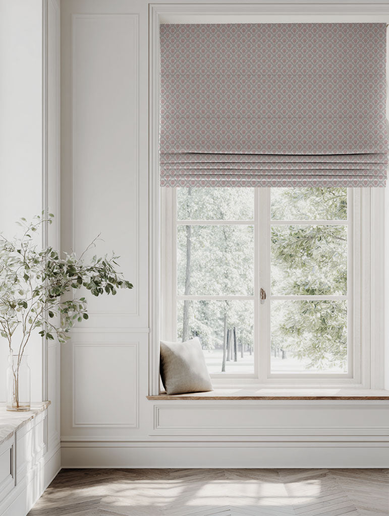 Pink Floral Linen Roman blind - Hilla Pink Greige - Natural base fabric.
