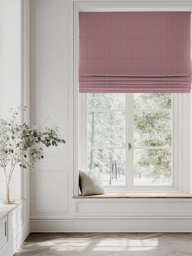 Red Patterned Linen Roman blind - Hugo Cherry - Natural base fabric.