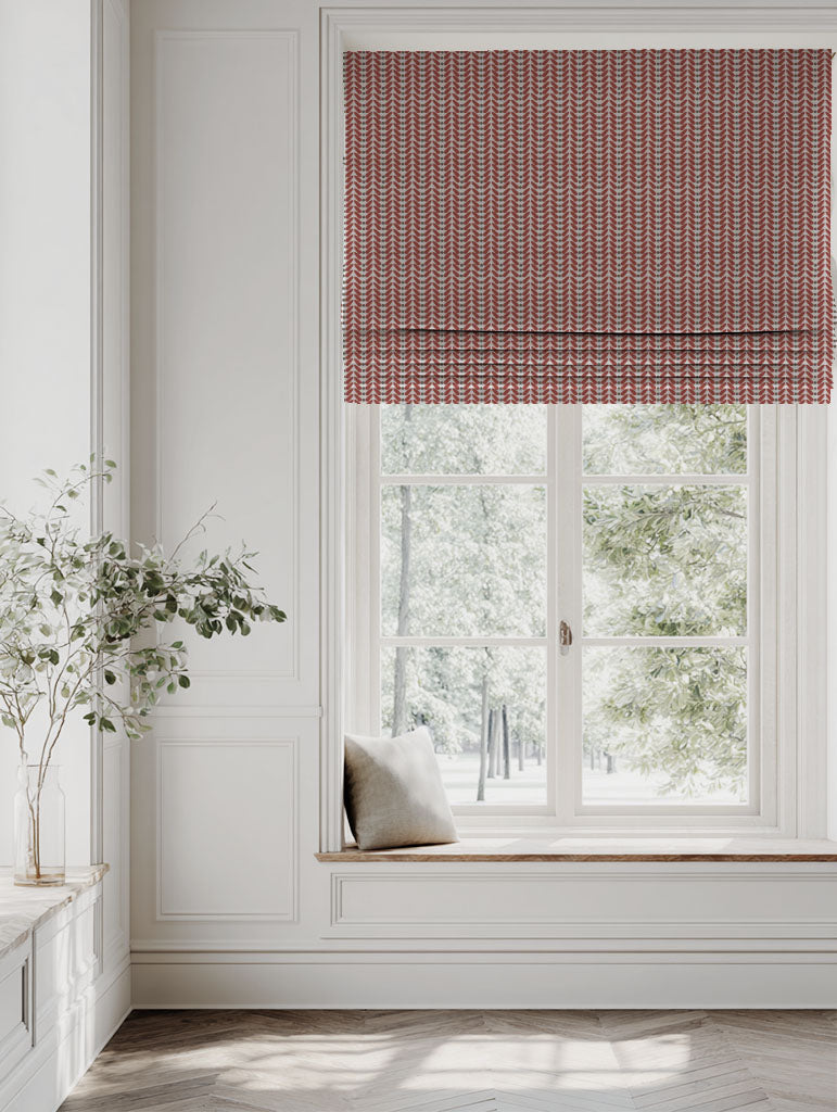 Red Patterned Linen Roman blind - Hulda Crimson Red - Natural base fabric.