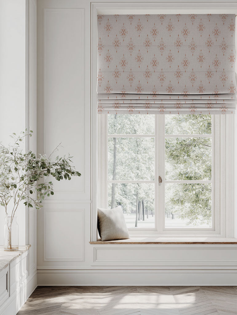 Orange Patterned Linen Roman blind - Iiris Burnt Orange - Natural base fabric.