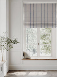 Blue Striped Linen Roman blind - Inga-NAT Night Blue - Natural base fabric.