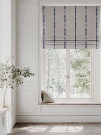 Blue Patterned Linen Roman blind - Irina Deep Blue - Natural base fabric.