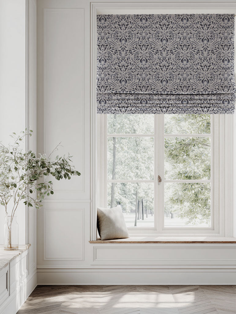 Blue Floral Linen Roman blind - Jasmi Deep Blue - Natural base fabric.