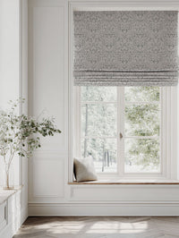 Grey Floral Linen Roman blind - Jasmi Greige - Natural base fabric.