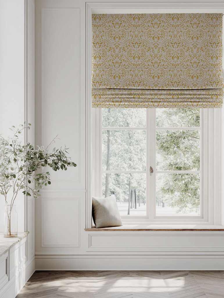 Yellow Floral Linen Roman blind - Jasmi Mustard - Natural base fabric.