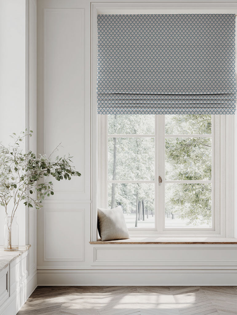 Blue Patterned Linen Roman blind - Jonna True Blue - Natural base fabric.