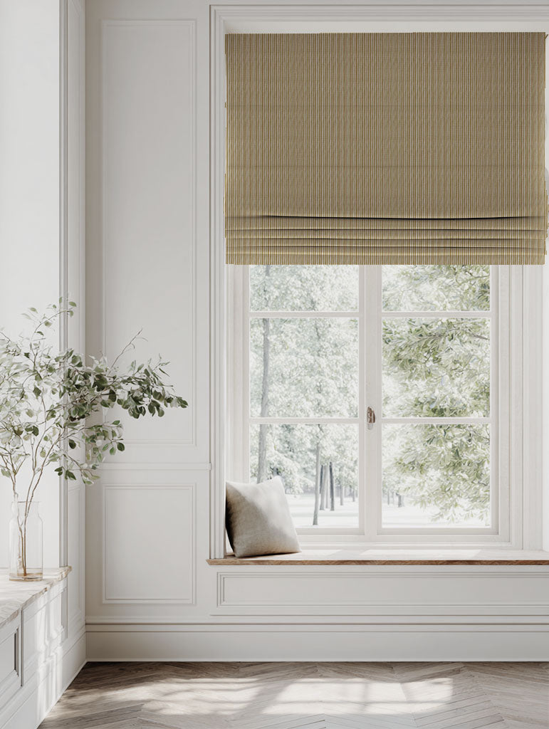 Yellow Striped Linen Roman blind - Laila Gold Rod - Natural base fabric.