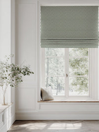 Green Patterned Linen Roman blind - Lana Jade Mist - Natural base fabric.