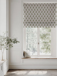 Green Botanical Linen Roman blind - Lena Khaki - Natural base fabric.
