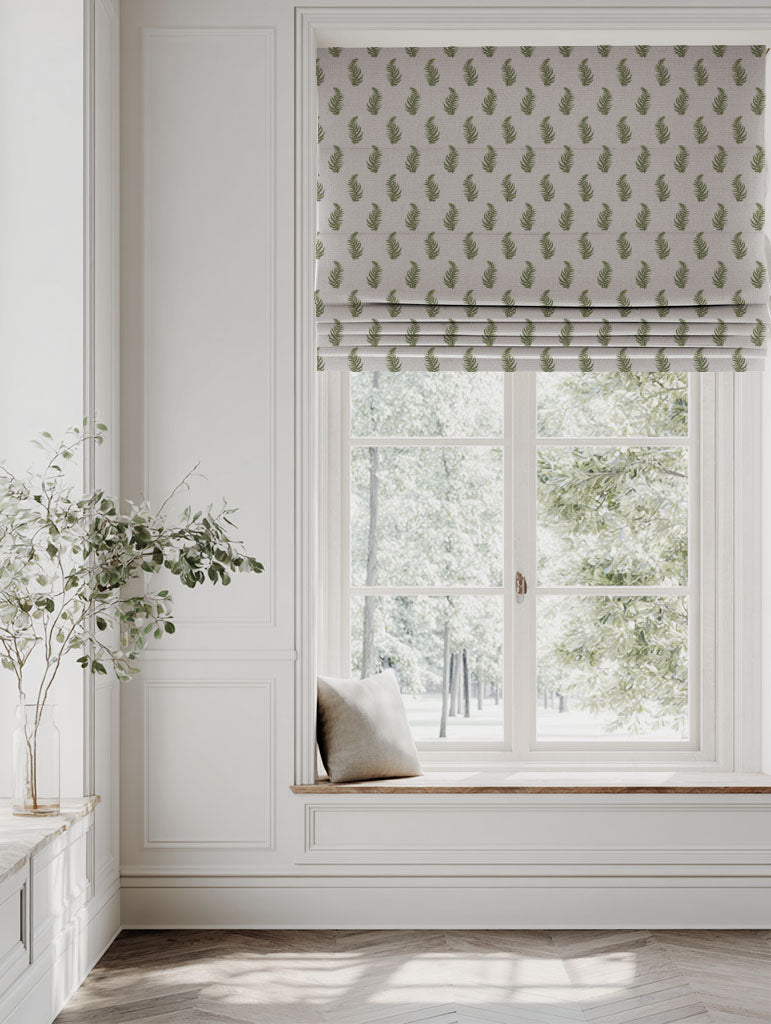 Green Botanical Linen Roman blind - Lena Khaki - Natural base fabric.