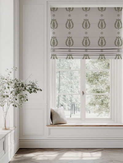 Green Patterned Linen Roman blind - Maya Khaki - Natural base fabric.