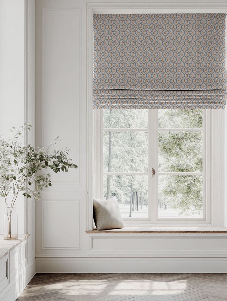 Blue / Orange / Yellow Floral Linen Roman blind - Miny Blue Ochre-INV - Natural base fabric.