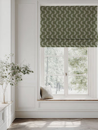 Green Patterned Linen Roman blind - Naja Khaki - Natural base fabric.
