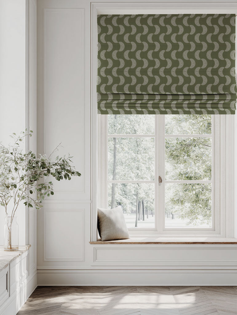 Green Patterned Linen Roman blind - Naja Khaki - Natural base fabric.