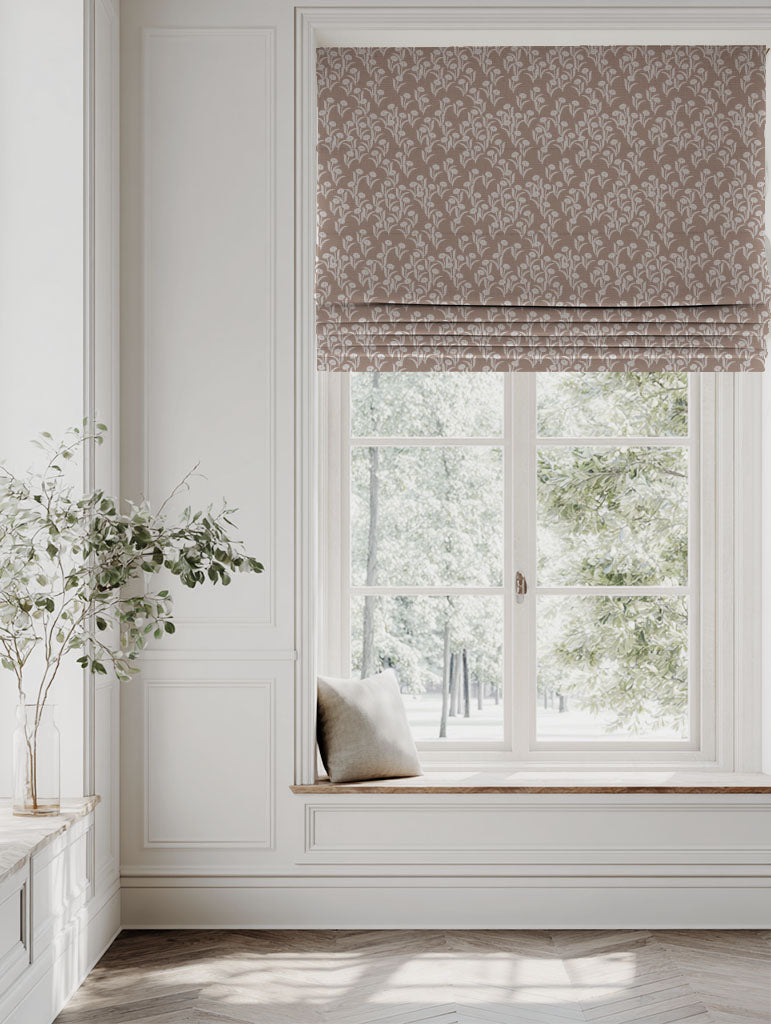 Pink Botanical Linen Roman blind - Nalini New Blush INV - Natural base fabric.