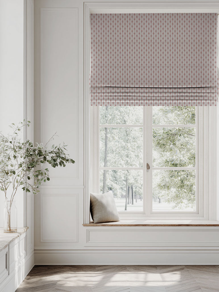 Red Patterned Linen Roman blind - Nikolet Crimson Red - Natural base fabric.