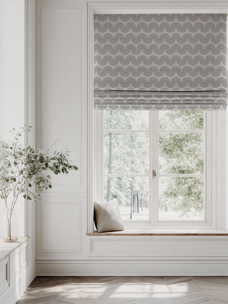 Grey Patterned Linen Roman blind - Ofira Greige - Natural base fabric.