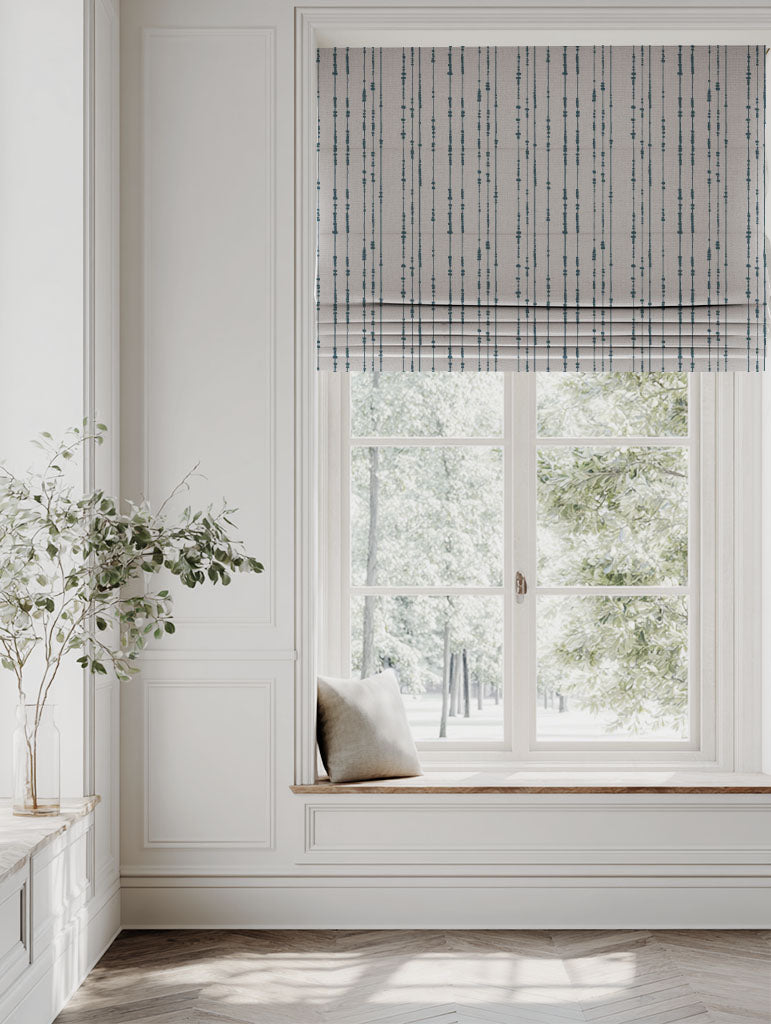 Blue Patterned Linen Roman blind - Pearls Blue Stone - Natural base fabric.