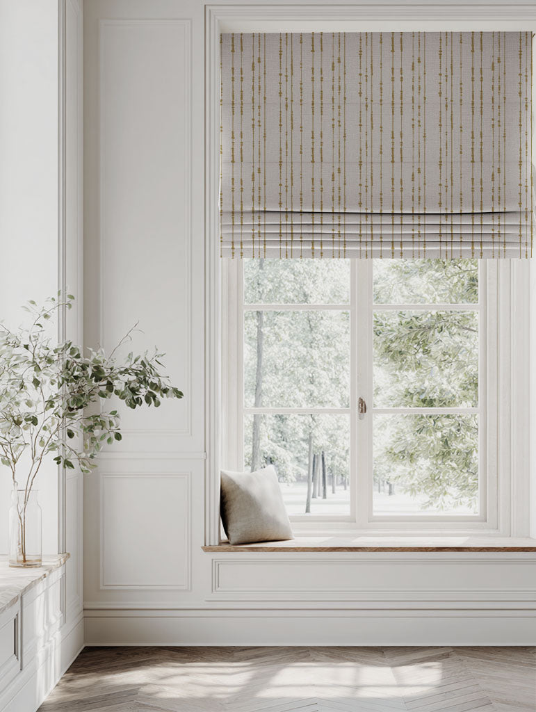 Yellow Patterned Linen Roman blind - Pearls Gold Rod - Natural base fabric.
