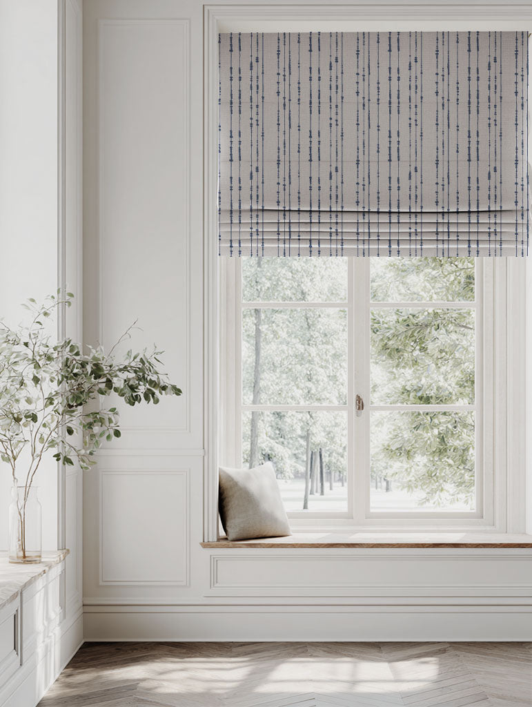 Blue Patterned Linen Roman blind - Pearls Night Blue - Natural base fabric.