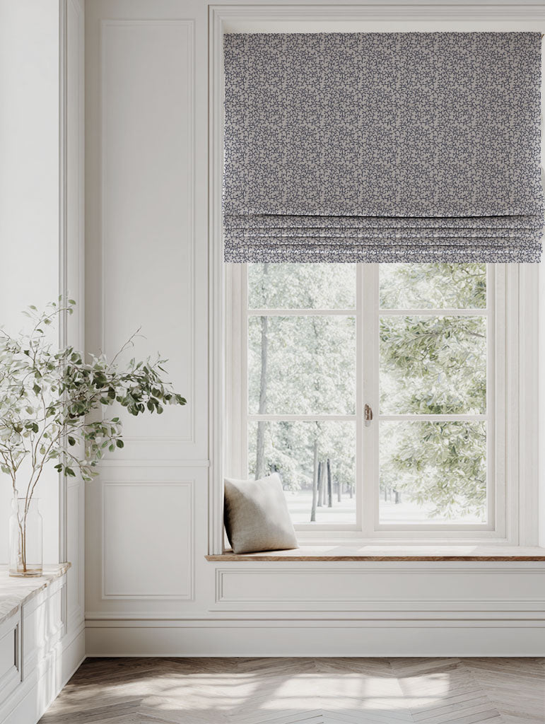 Blue Botanical Linen Roman blind - Phila Deep Blue - Natural base fabric.