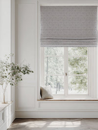 Blue Patterned Linen Roman blind - Pia Night Blue - Natural base fabric.