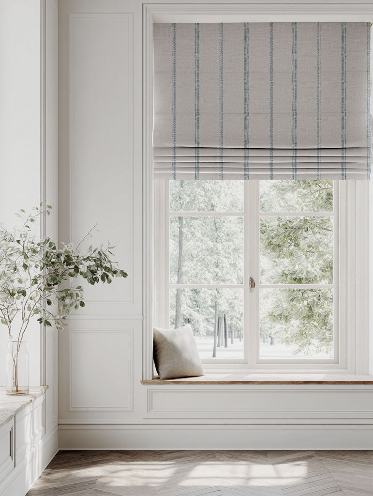Blue Striped Linen Roman blind - Rae True Blue - Natural base fabric.
