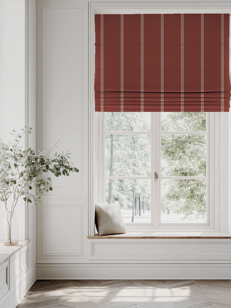 Red Striped Linen Roman blind - Rana Crimson Red - Natural base fabric.