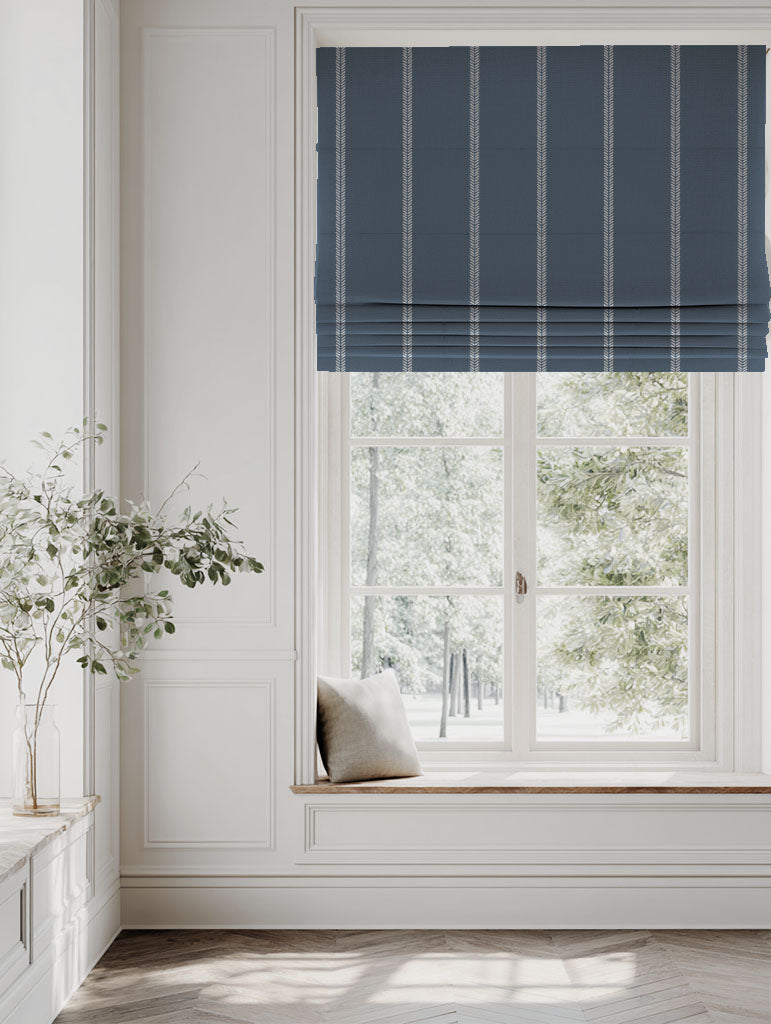 Blue Striped Linen Roman blind - Rana Denim - Natural base fabric.