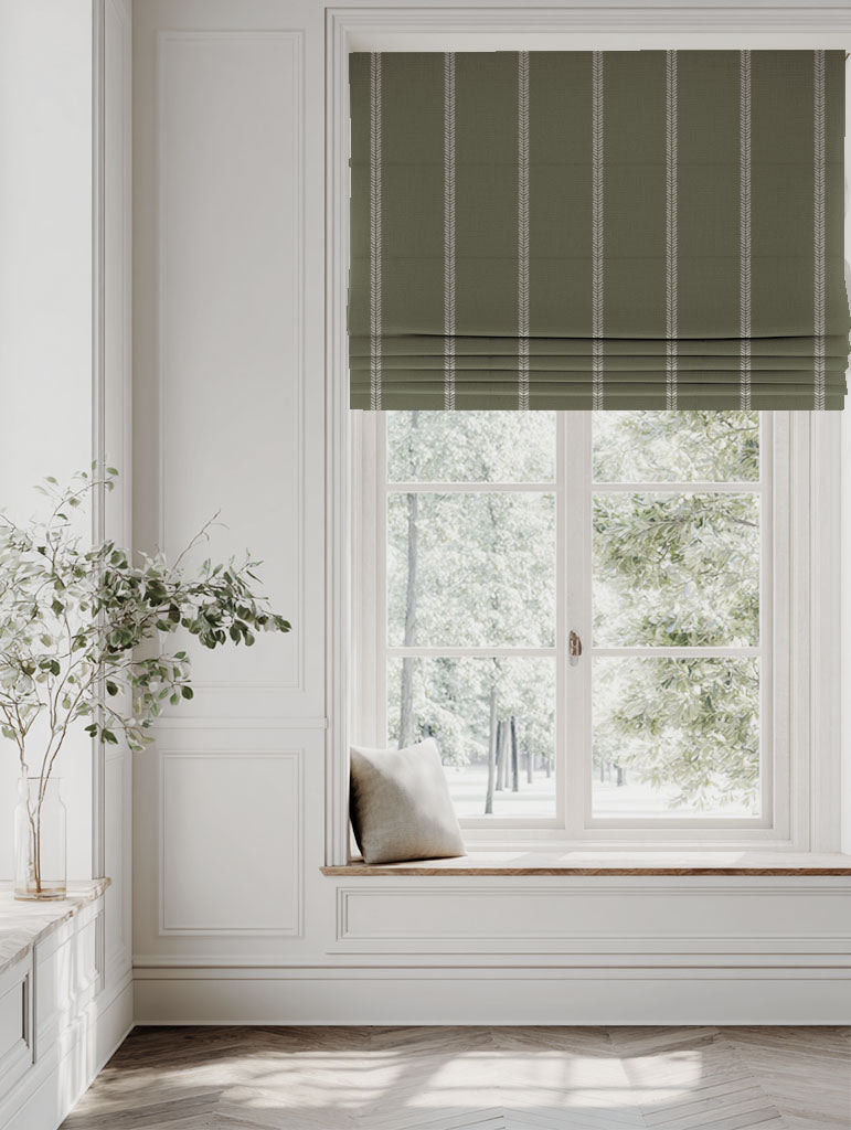 Green Striped Linen Roman blind - Rana Moss - Natural base fabric.