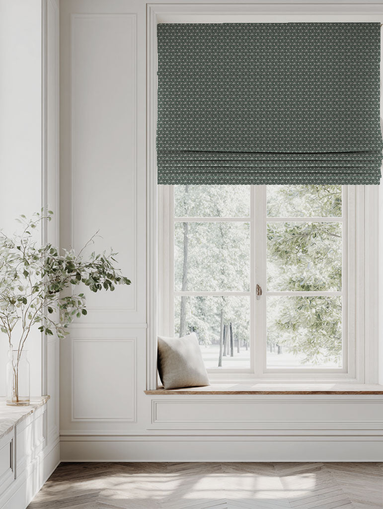 Green Botanical Linen Roman blind - Saana Dark Pine - Natural base fabric.