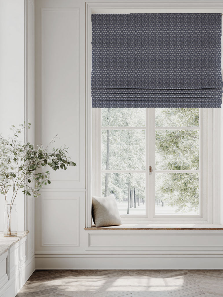 Blue Botanical Linen Roman blind - Saana Deep Blue - Natural base fabric.