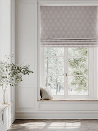 Pink Patterned Linen Roman blind - Sara-NAT Dusty Pink - Natural base fabric.