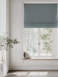 Blue Patterned Linen Roman blind - Siruna Blue Stone - Natural base fabric.