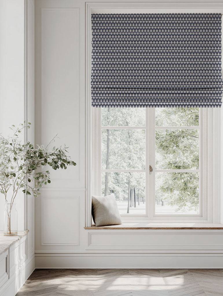 Blue Patterned Linen Roman blind - Siruna Deep Blue - Natural base fabric.