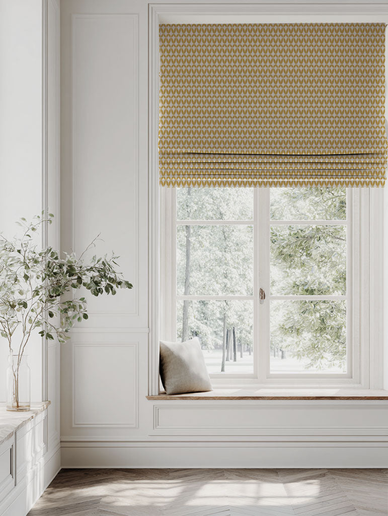Yellow Patterned Linen Roman blind - Siruna Mustard - Natural base fabric.