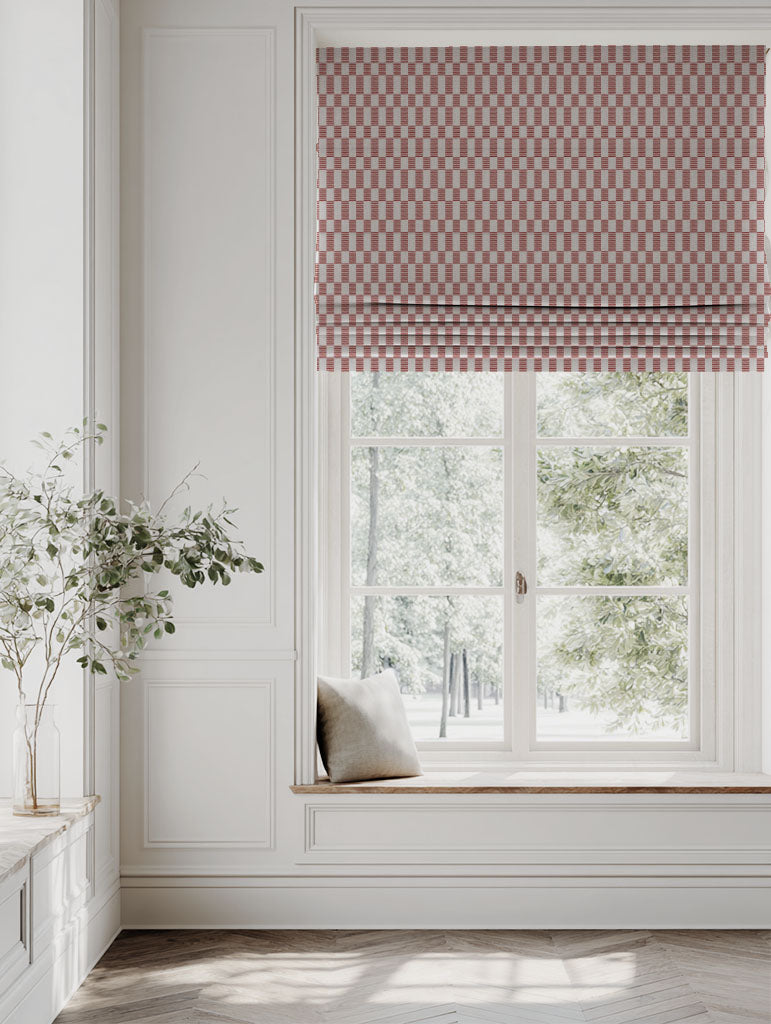 Red Checked Linen Roman blind - Sunni Crimson Red - Natural base fabric.