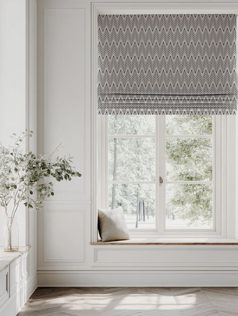 Grey Patterned Linen Roman blind - Sylvia Charcoal - Natural base fabric.
