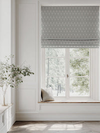 Green Patterned Linen Roman blind - Sylvia Sage - Natural base fabric.