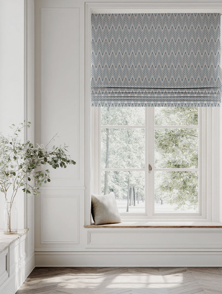 Blue Patterned Linen Roman blind - Sylvia True Blue - Natural base fabric.