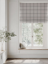 Grey Checked Linen Roman blind - Tove Ash - Natural base fabric.