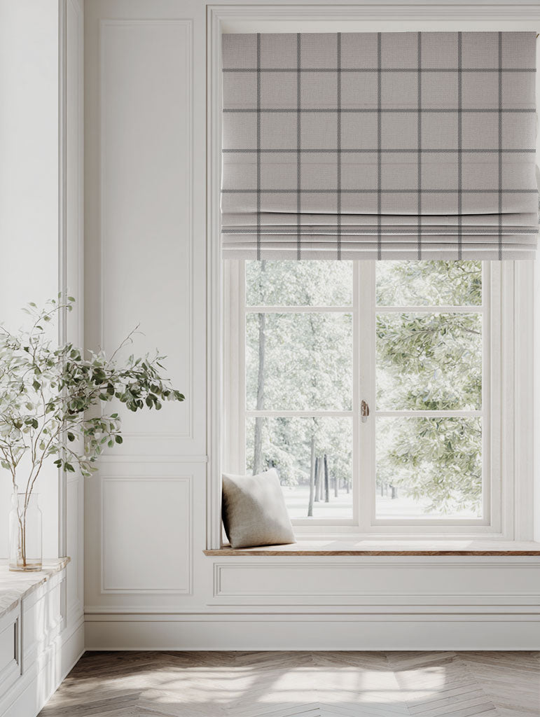 Grey Checked Linen Roman blind - Tove Ash - Natural base fabric.