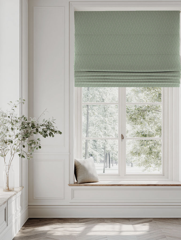 Green Patterned Linen Roman blind - Vera Verde - Natural base fabric.