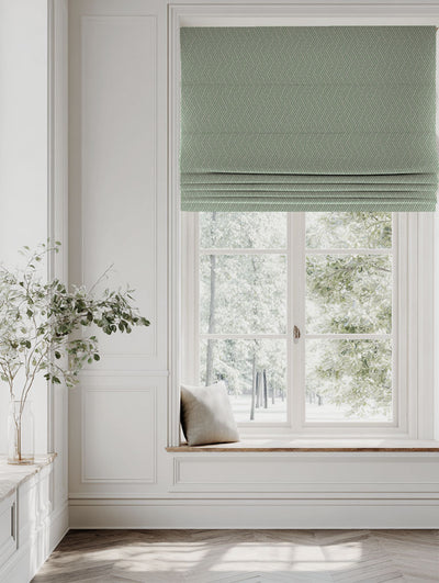 Green Patterned Linen Roman blind - Vera Verde - Natural base fabric.