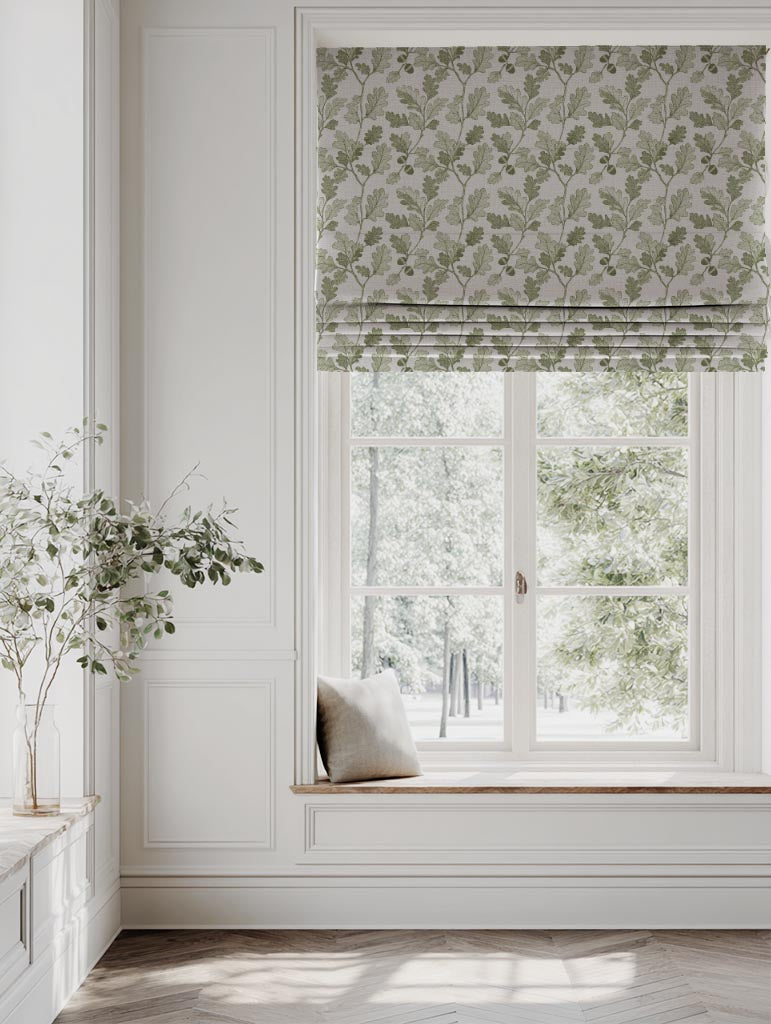 Green Botanical Linen Roman Blind - Olini Khaki - Natural base fabric.